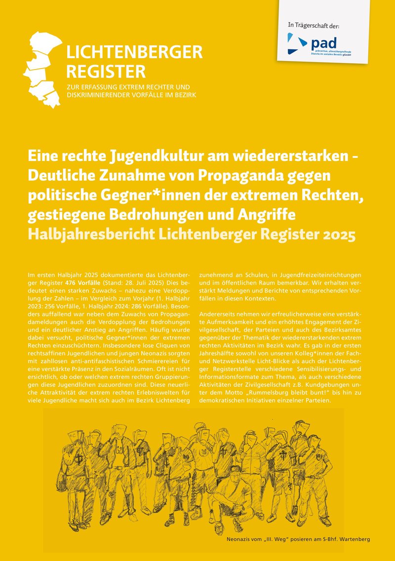 2025-08-Register-HJ-Auswertung-Titelseite_1 Titelseite des Halbjahresberichtes mit gezeichneten Bild einer Aktion des III.Wegs in Wartenberg