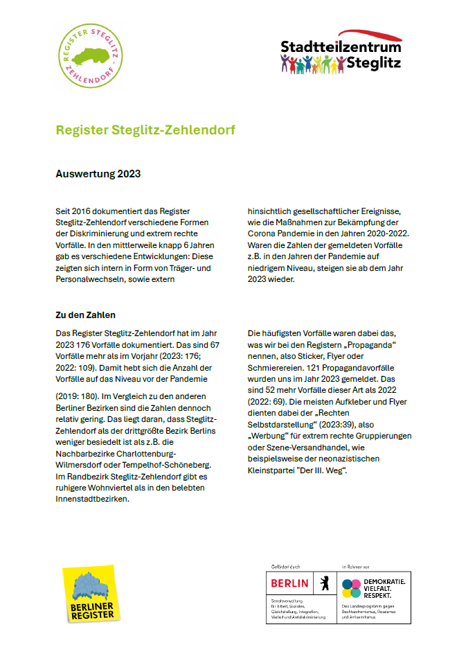 Deckblatt der Jahresauswertung 2023, 4 bunte Logos, eine grüne Überschrift, schwarze Schrift in 2 Spalten auf weißem Blatt