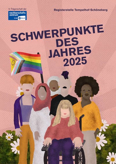 Auf der Zeichnung ist eine diverse Gruppe Menschen zu sehen.