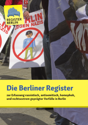 Titelseite der Broschüre "Die Berliner Register" von 2014, Titelfoto ist das Plakat "Berlin gegen Nazis"