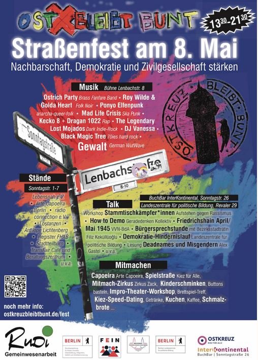 buntes Plakat mit allen angeboten zum Framilienfest am 8. Mai am Ostkreuz