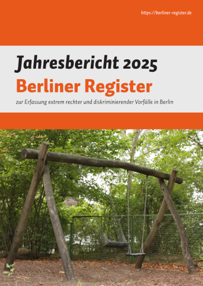 Titelseite der Broschüre: Jahresbericht 2025 der Berliner Register, Titelfoto zeigt leere Schaukel auf Spielplatz