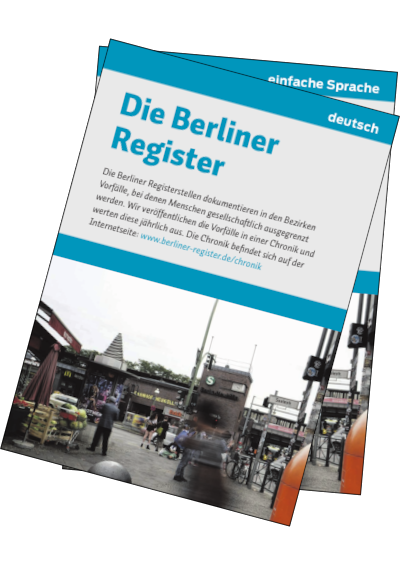 Stapel Flyer, Titel: Die Berliner Register, auf Deutsch und in einfachem Deutsch