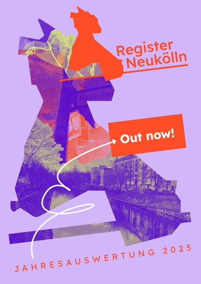 Titelbild Bezirksbericht 2025 Register Neukölln, Umriss des Bezirks, Collage von Bildern aus Neukölln