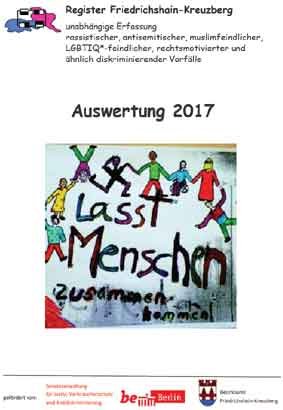 Umschlag der Auswertung 2017 mit einem Bild aus einem Workshop mit Jugendlichen von Irmela Mensah-Schramm, wo ein rechtes Graffiti in ein friedliches Bild umgedeutet wurde.