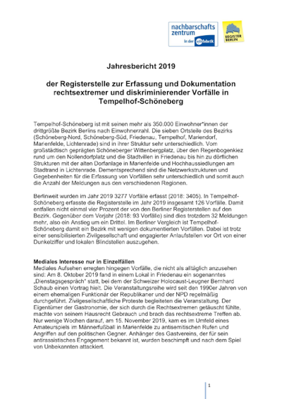 Erste Seite der Bezirks-Auswertung 2019 vom Register Tempelhof-Schöneberg
