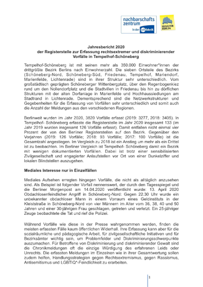 Erste Seite der Bezirks-Auswertung 2020 vom Register Tempelhof-Schöneberg