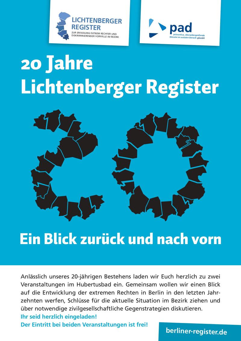 Vorderseite des Veranstaltungsflyers 20 Jahre Lichtenberger Register mit Veranstaltungseinladung