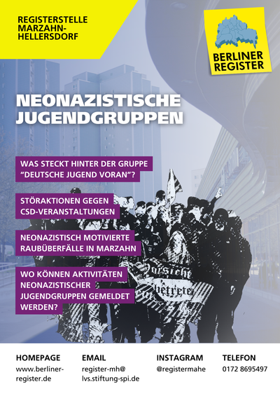 Deckblatt des Informationsflyers zu neonazistischen Jugendgruppen. Im Hintergrund ist das Einkaufszentrum Eastgate zu sehen. Im Vordergrund eine Gruppe jugendlicher Neonazis in schwarz-weiß. Als Überschrift ist "Neonazistische Jugendgruppen" zu lesen