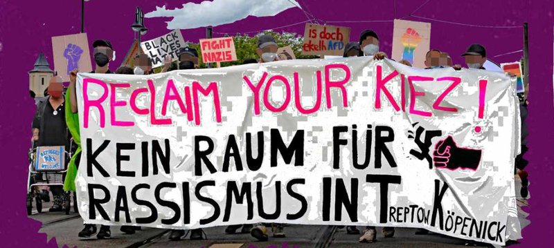 Mobi Plakat für die Demo, lila Hintergund, pinke Schrift: RECLAIM YOUR KIEZ!, Bild des Fronttransparent der letzten Demonstration, unten: 03.09. BEGINN 14 UHR S JOHANNISTHAL