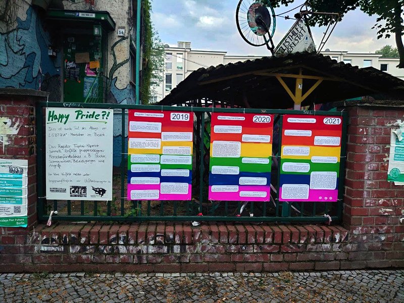 Zaun des Gelände des Jugendclub Café Köpenick mit der Ausstellung "Happy Pride?" auf 4 großen Tafeln. 1. Tafel: Erklärung zur Ausstellung, 2. - 4. Tafel: Eine Liste der queerfeindlichen Vorfälle der Jahre 2019, 2020 und 2021 auf Regenbogenuntergrund.