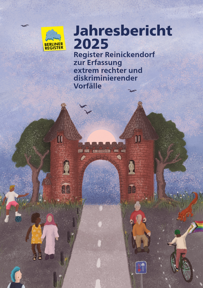 Titelbild Broschüre 2025 des Reinickendorfer Register, Grafik zeigt Borsigtor und spazierende Menschen