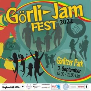Görli-Jam Fest im Görlitzer Park am 03.09.22 15-22 Uhr in gelber Schrift, Hintergrund grün mit Siluetten tanzender Menschen und Familien